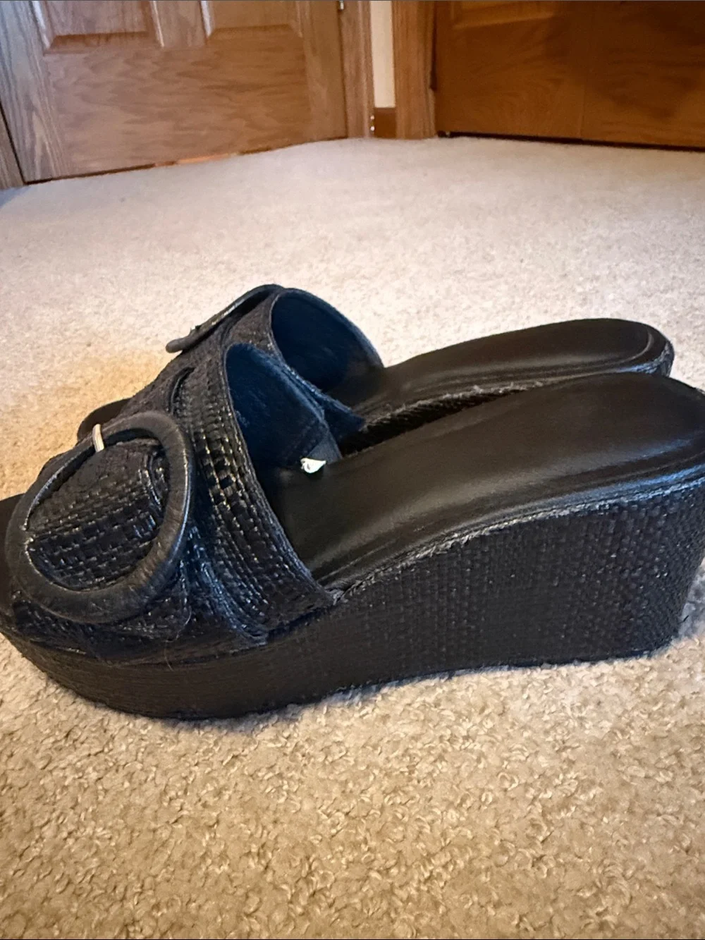 Black Woven Slide Sandals with Statement Buckles